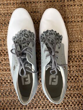 FootJoy Women’s White & Gray Golf Sneakers with Leopard Knit Tongue